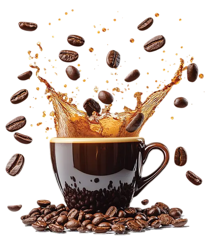 Coffee cup splashing with coffee beans